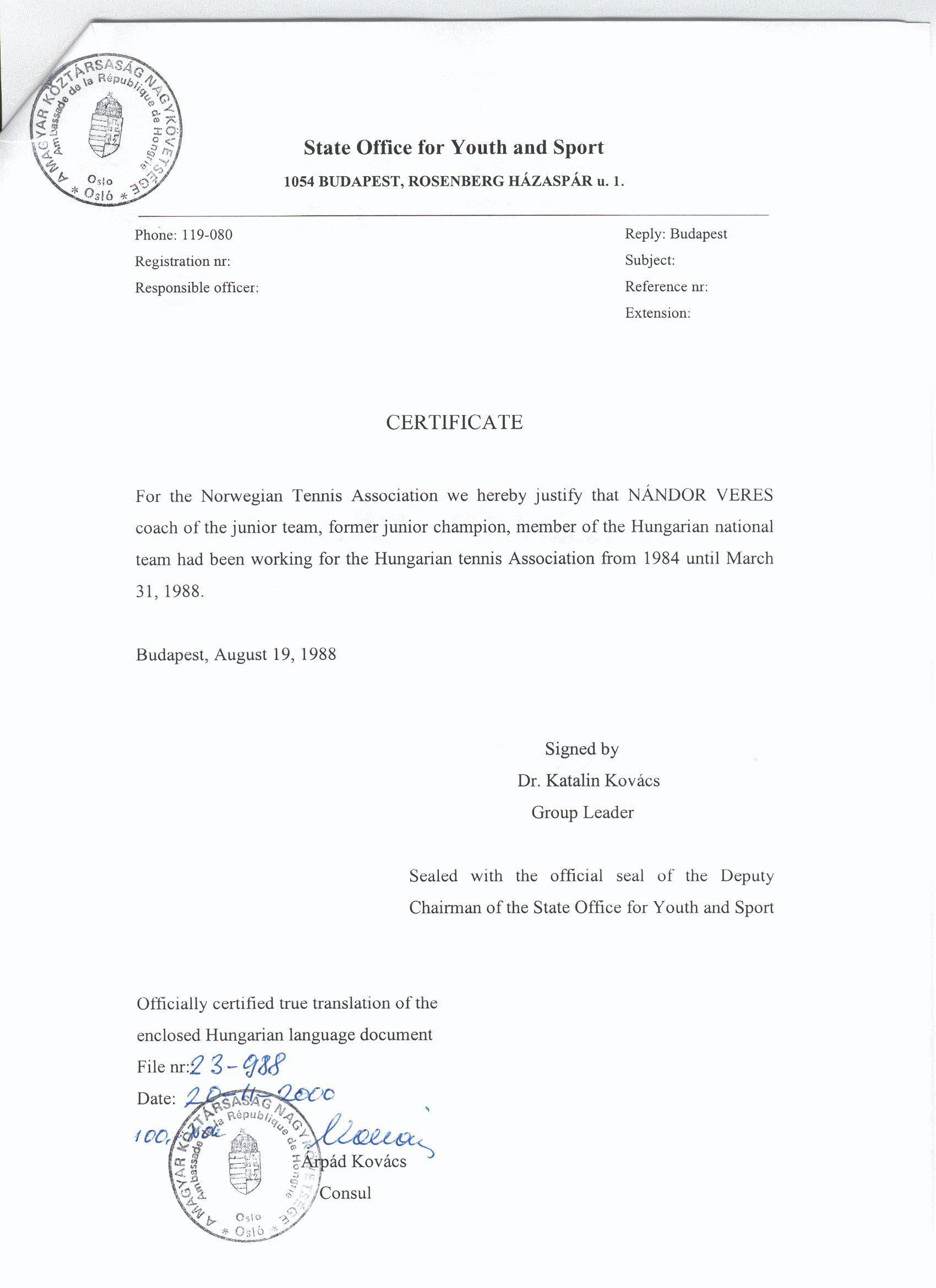 Hungarian State Office for Youth and Sport certificate for Nandor Veres