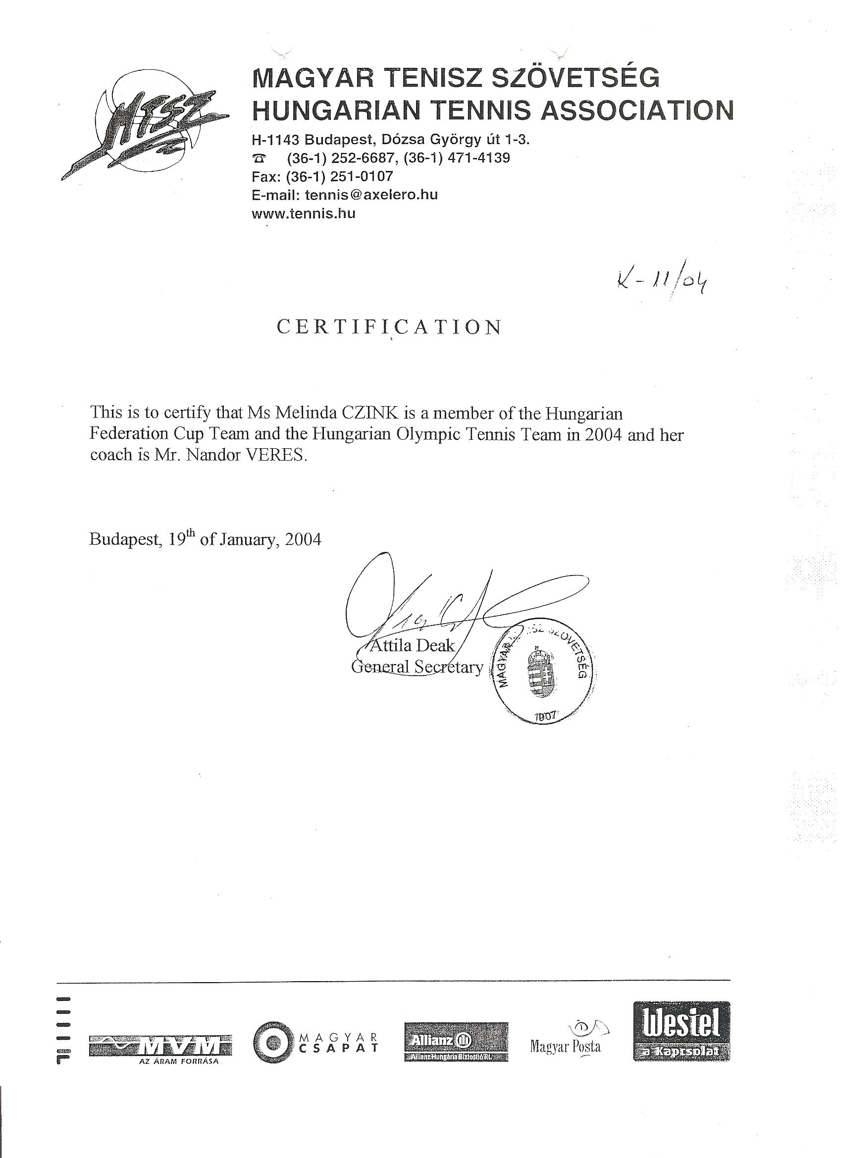 Hungarian Tennis Association certification for Melinda Czink and coach Nandor Veres
