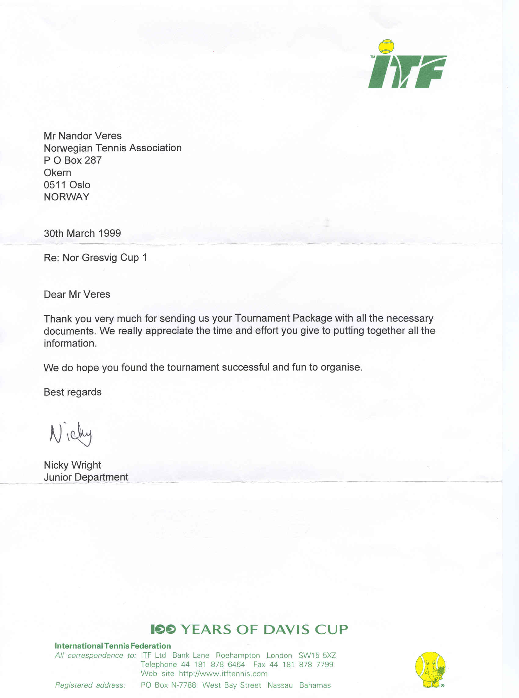 ITF letter to Nandor Veres about Nor Gresvig Cup 1