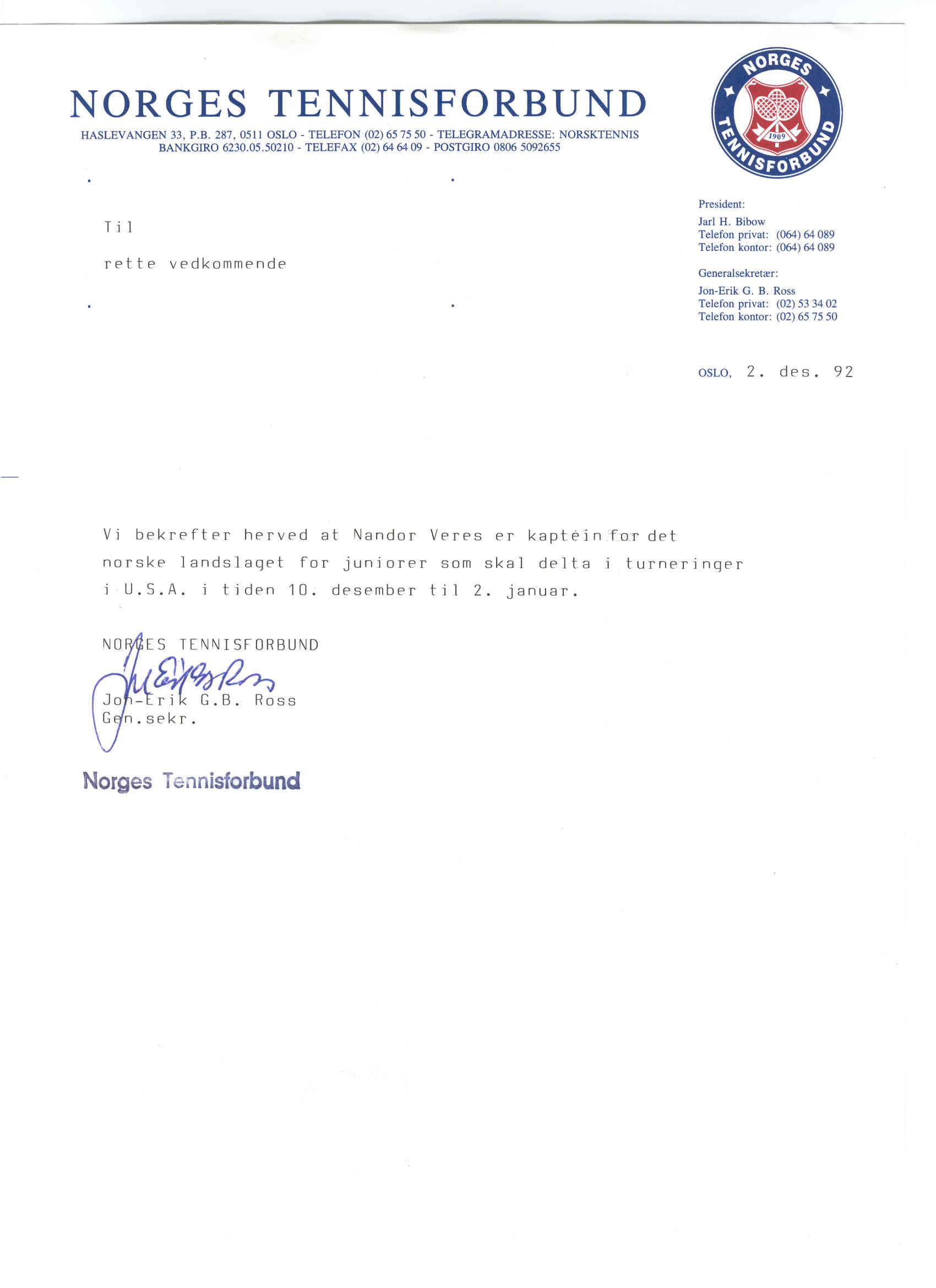Norwegian Tennis Federation 1992 confirmation for Nandor Veres
