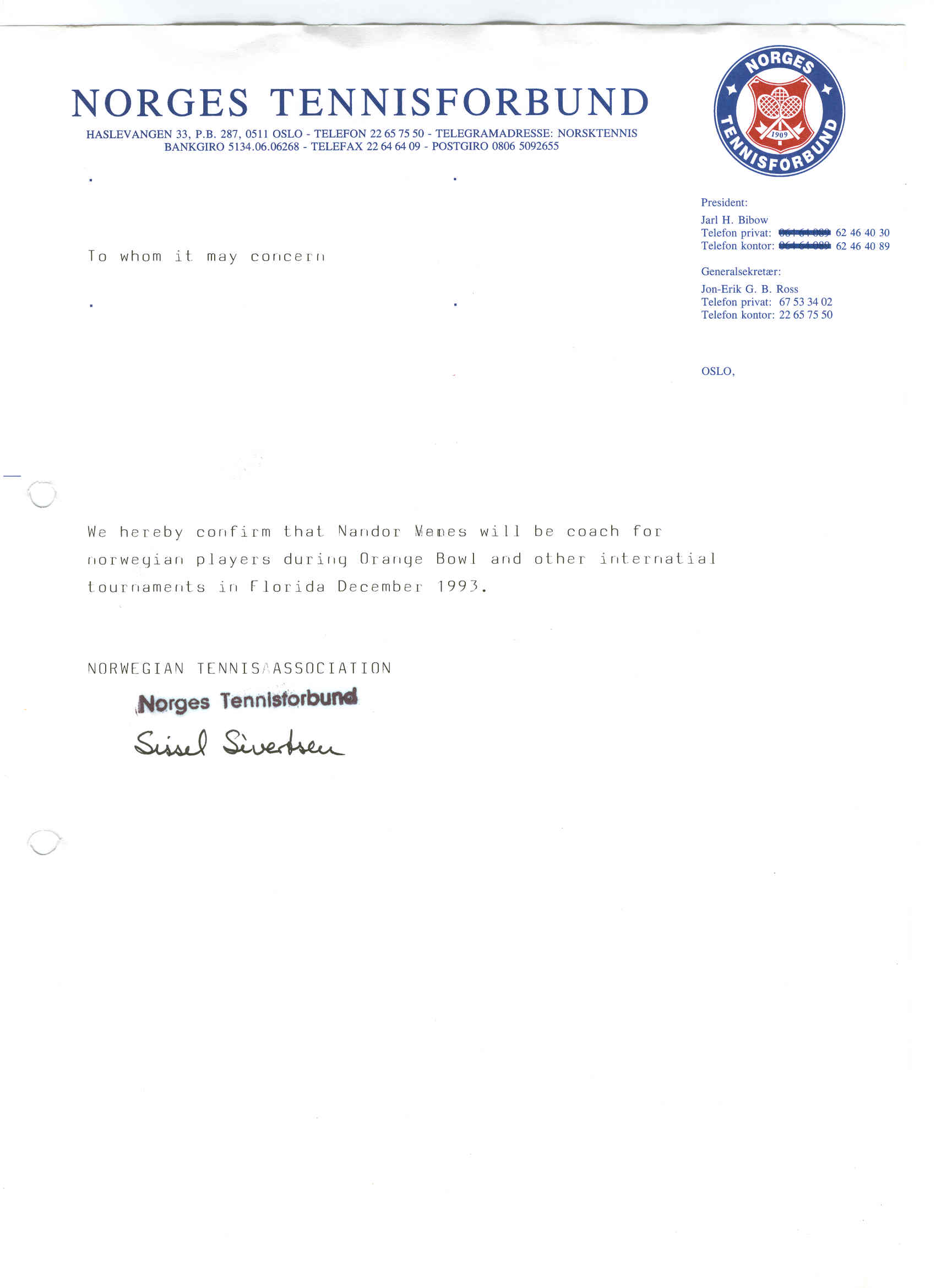 Norwegian Tennis Federation 1993 confirmation for Nandor Veres