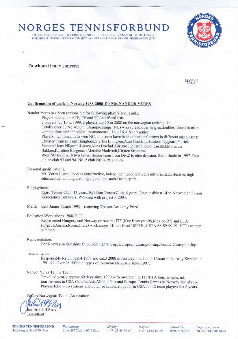 Norwegian Tennis Federation confirmation letter for Nandor Veres
