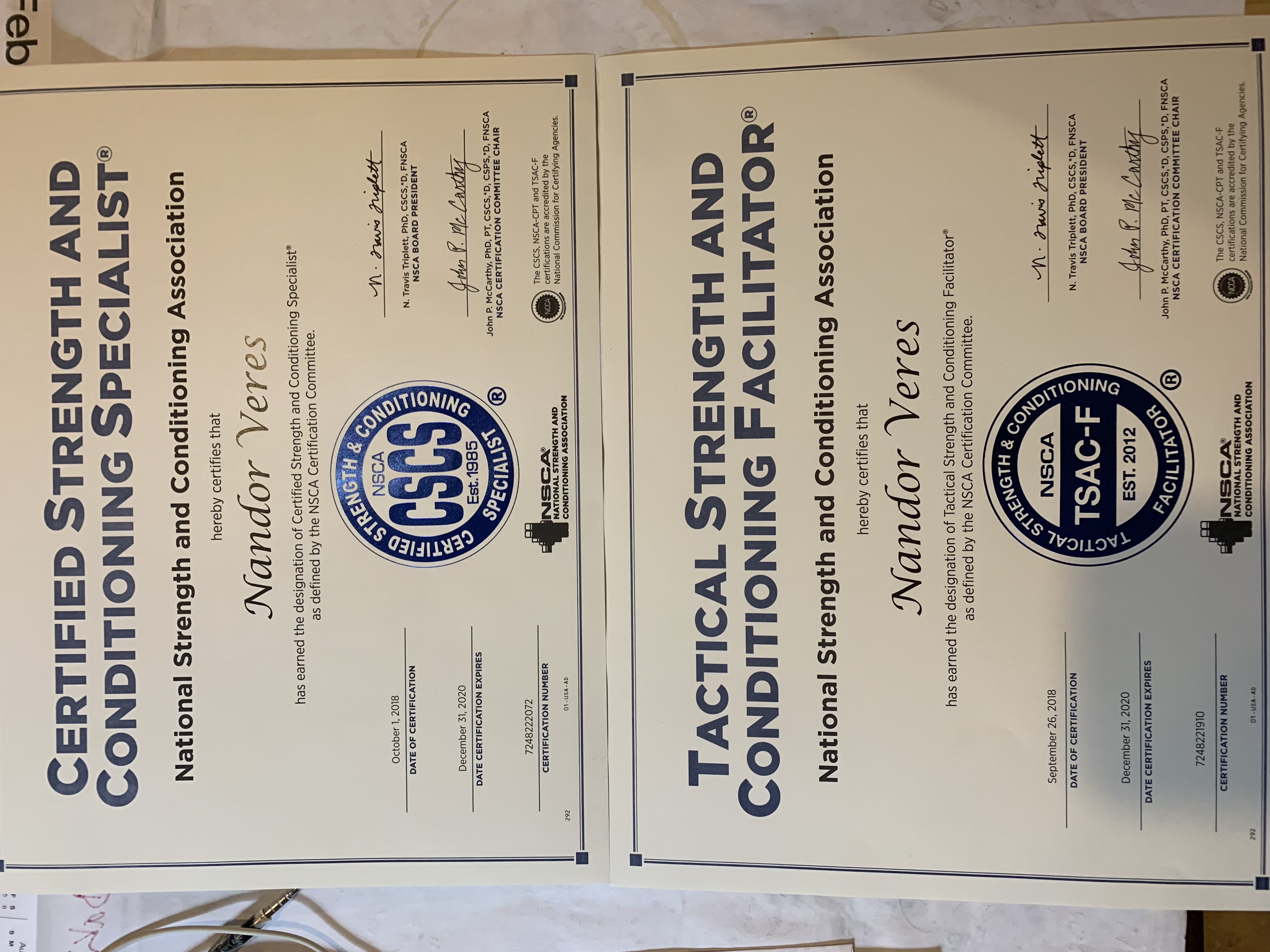 NSCA CSCS and TSAC-F certifications for Nandor Veres
