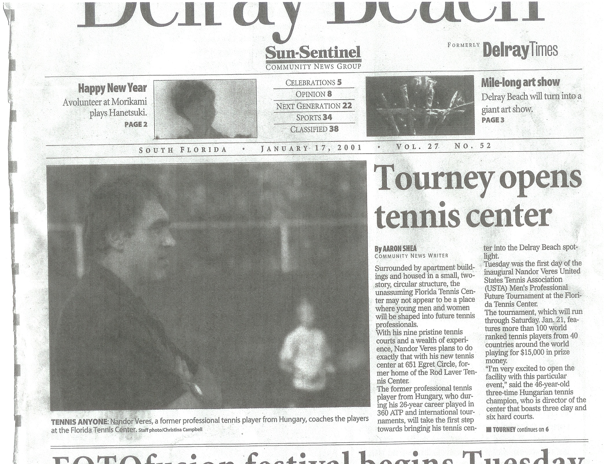 Sun-Sentinel Delray Beach article about Nandor Veres opening a tennis center