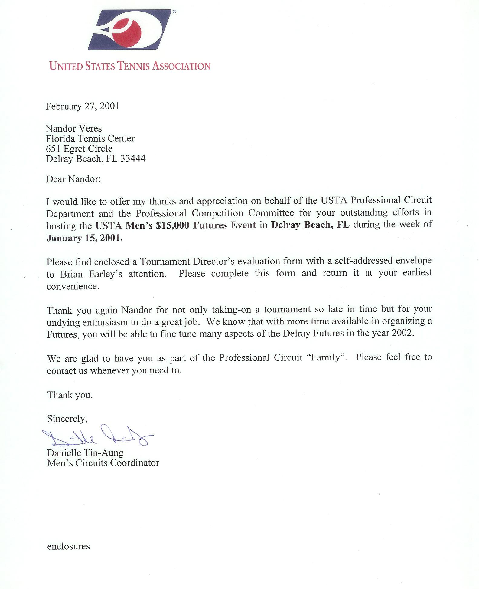 USTA thank you letter to Nandor Veres for hosting a professional futures event