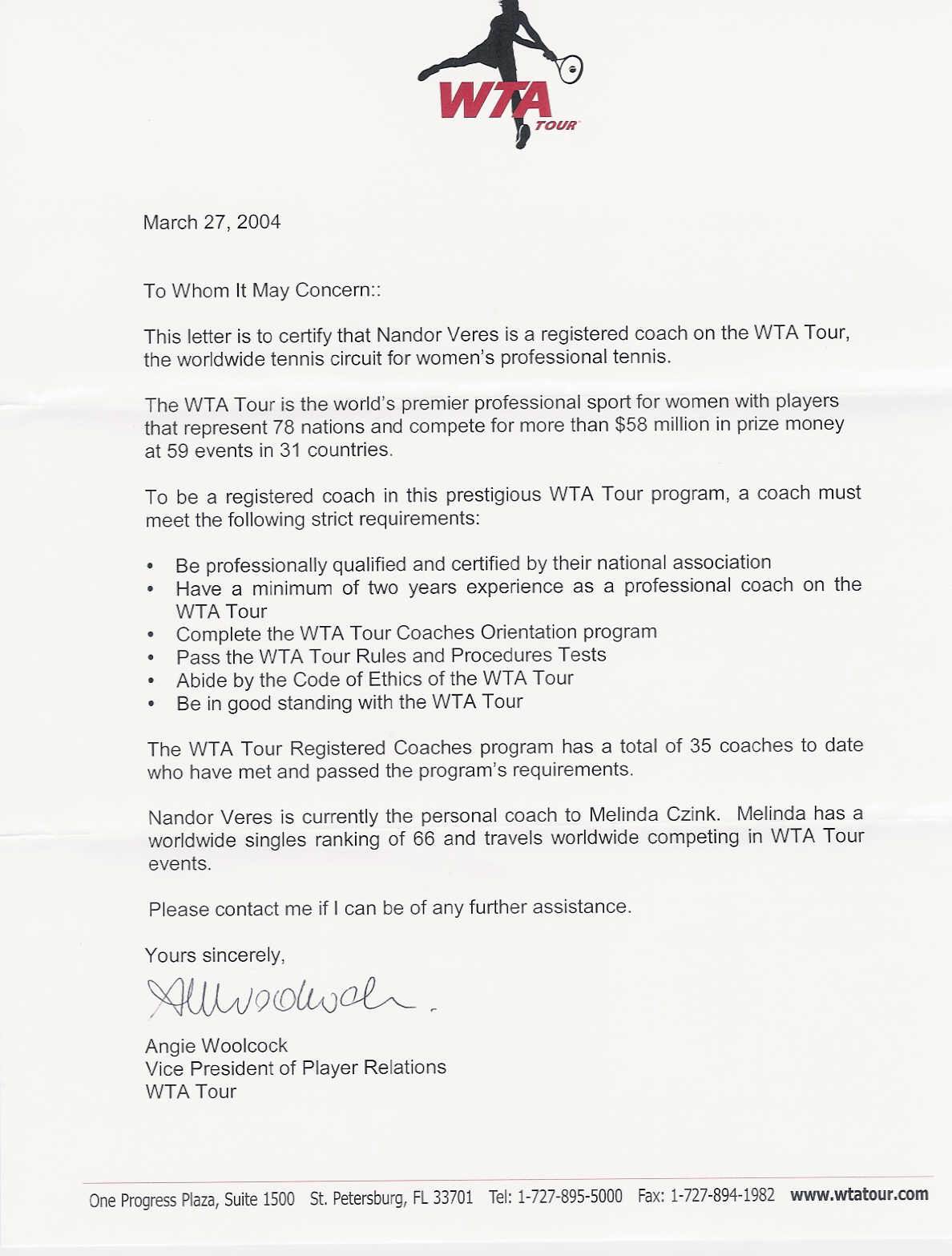 WTA Tour registered coach certification letter for Nandor Veres
